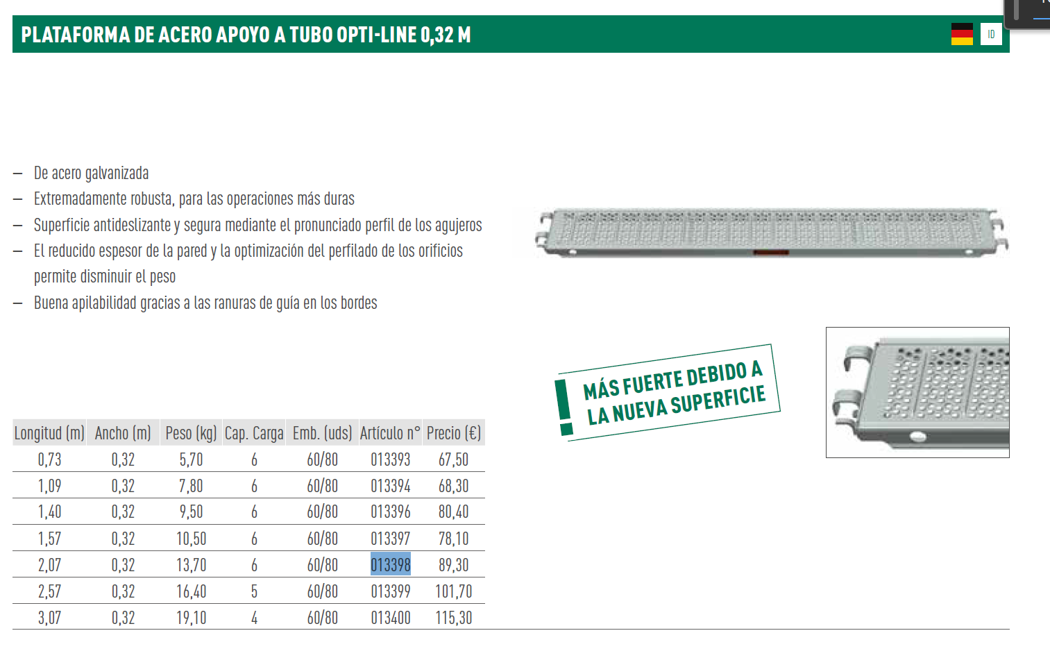 CO PLATAFORMA DE ACERO 2,07 X 0,32 M
CON APOYO DE TUBO OPTI-LINE